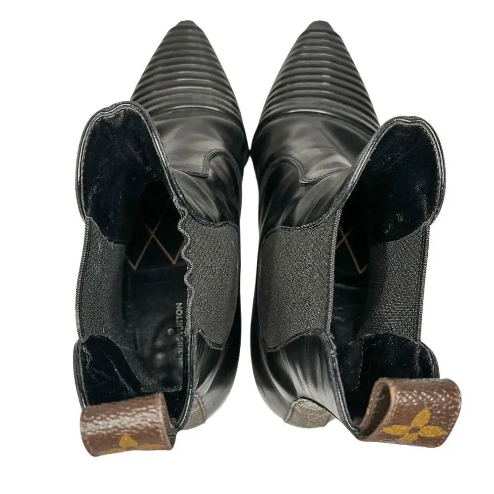 Louis Vuitton Monogram Pointed Toe Chelsea Ankle Boot Heels Black Leather EU 37